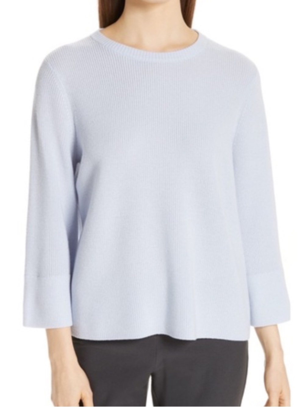 Eileen Fisher 100% Merino Wool Ribbed Sweater Crew Neck Bell Sleeve XS